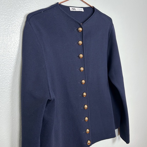 Zara Dark Academia Minimal Blue Knit Cardigan With Gold Buttons - Picture 5 of 9